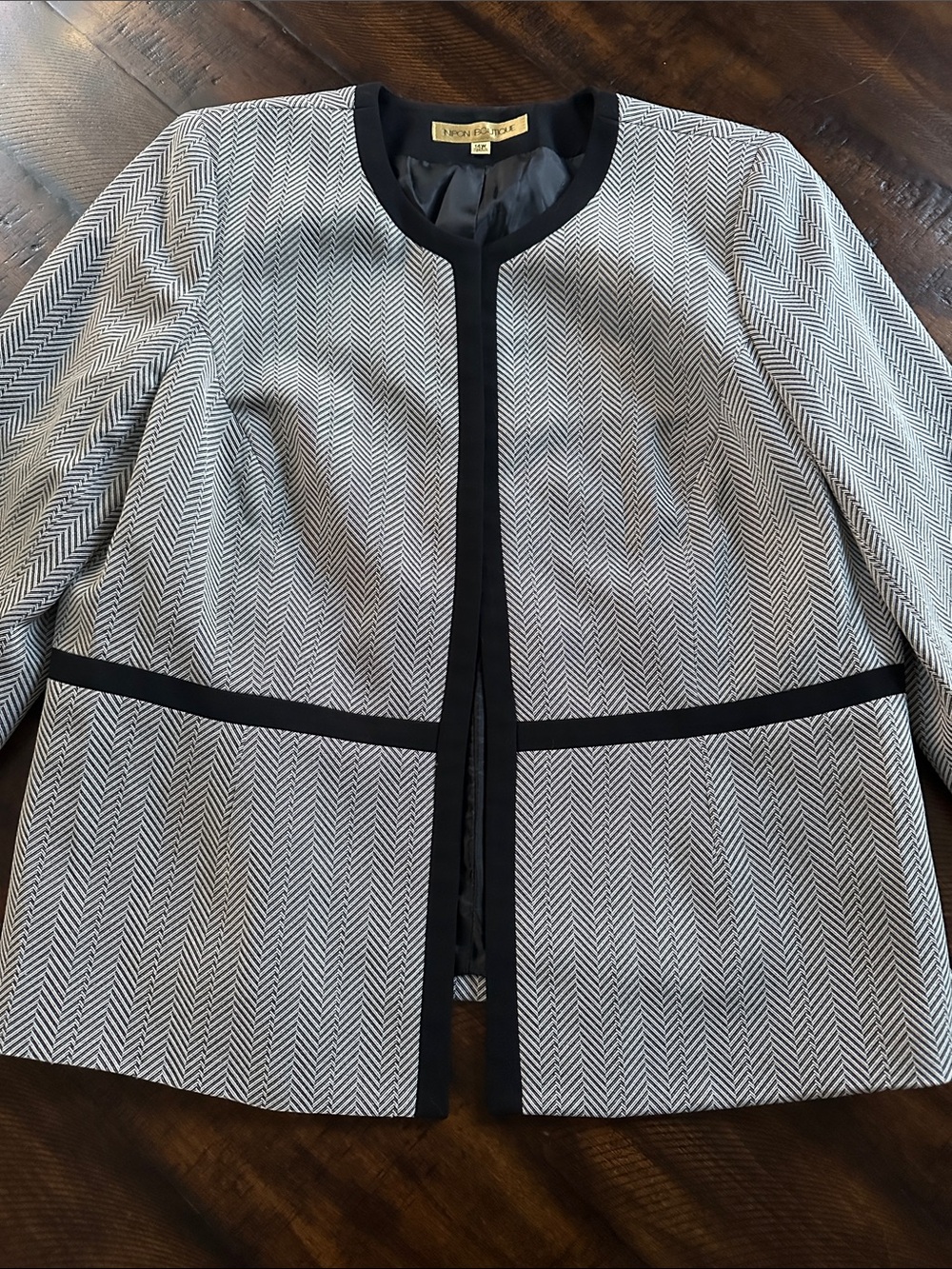 Nipon Boutique Black and White Herringbone Collarless Blazer